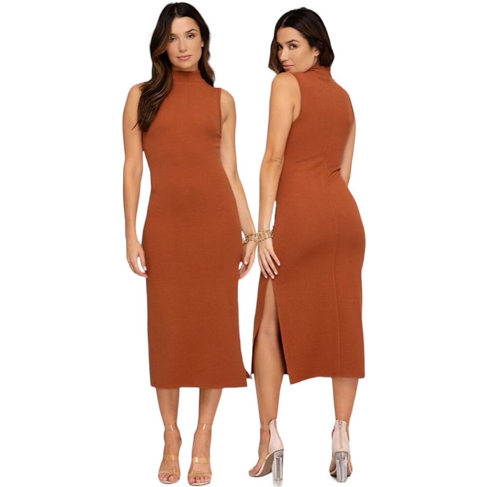 Sexy SHE & SKY High Neck Rust Midi Dress with 17" Slit ~ Women's Size MEDIUM